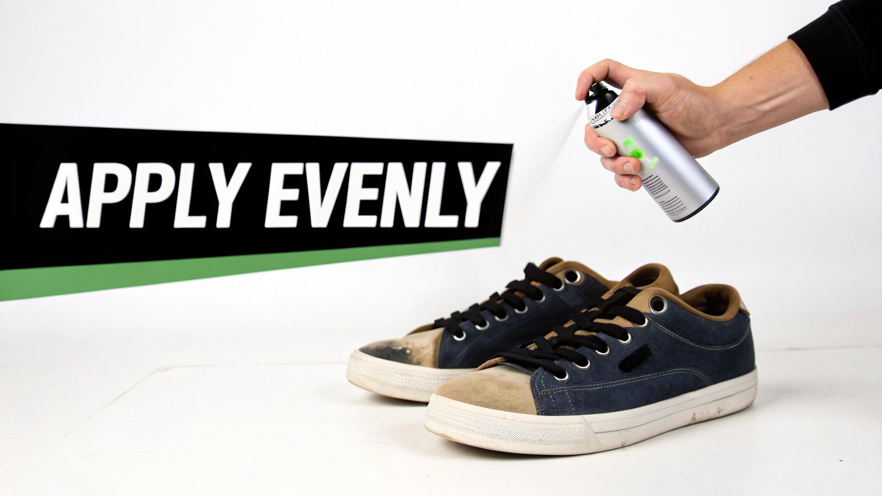 A hand sprays a clear protective spray from a can onto a pair of blue sneakers.