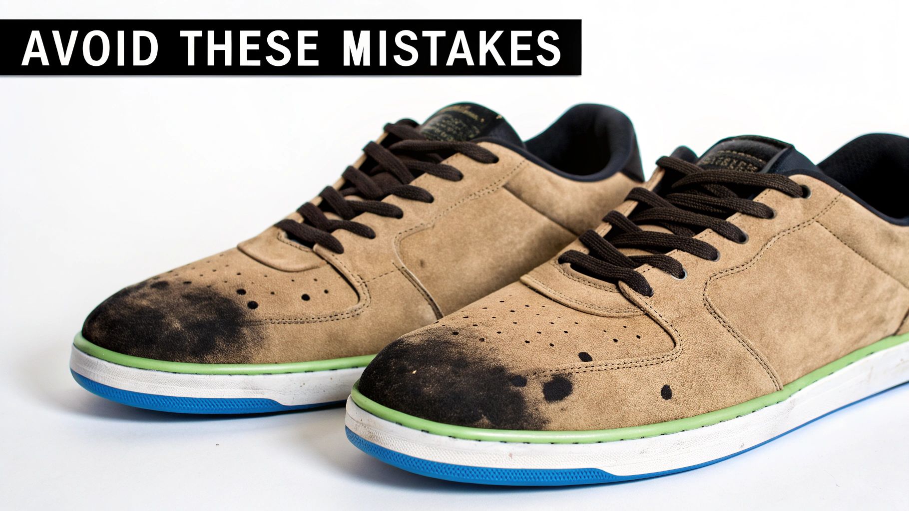 Pair of tan suede sneakers with dark stains and visible damage, demonstrating mistakes to avoid.