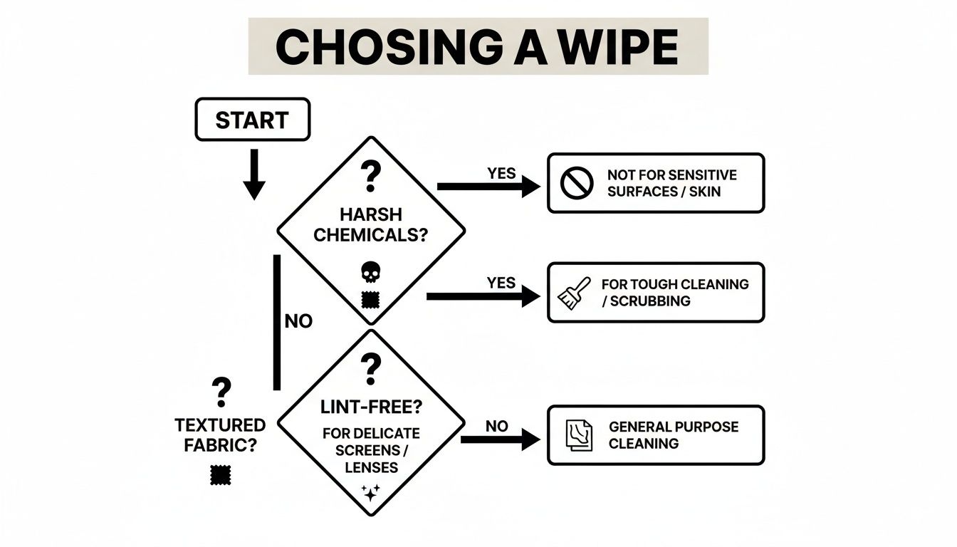 Flowchart guiding selection of a wipe based on harsh chemicals, texture, and lint-free properties.