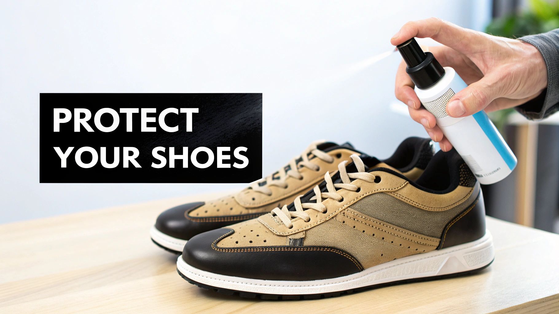 A hand sprays a protective solution onto a pair of brown and black casual shoes.