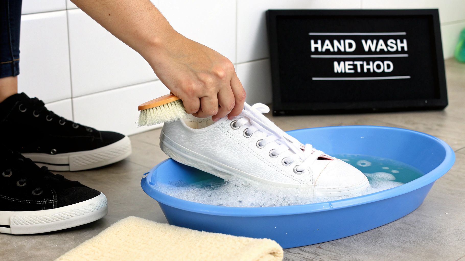 A person is hand-washing a white canvas tennis shoe in a blue basin with a brush and soapy water.
