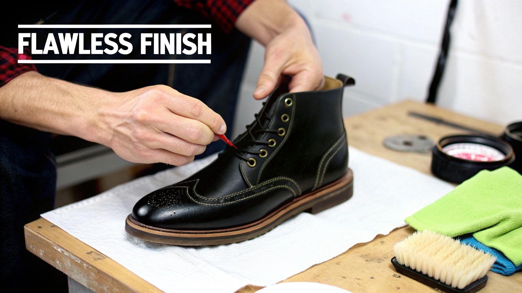 Hands meticulously polish a black leather boot with yellow stitching for a flawless finish.