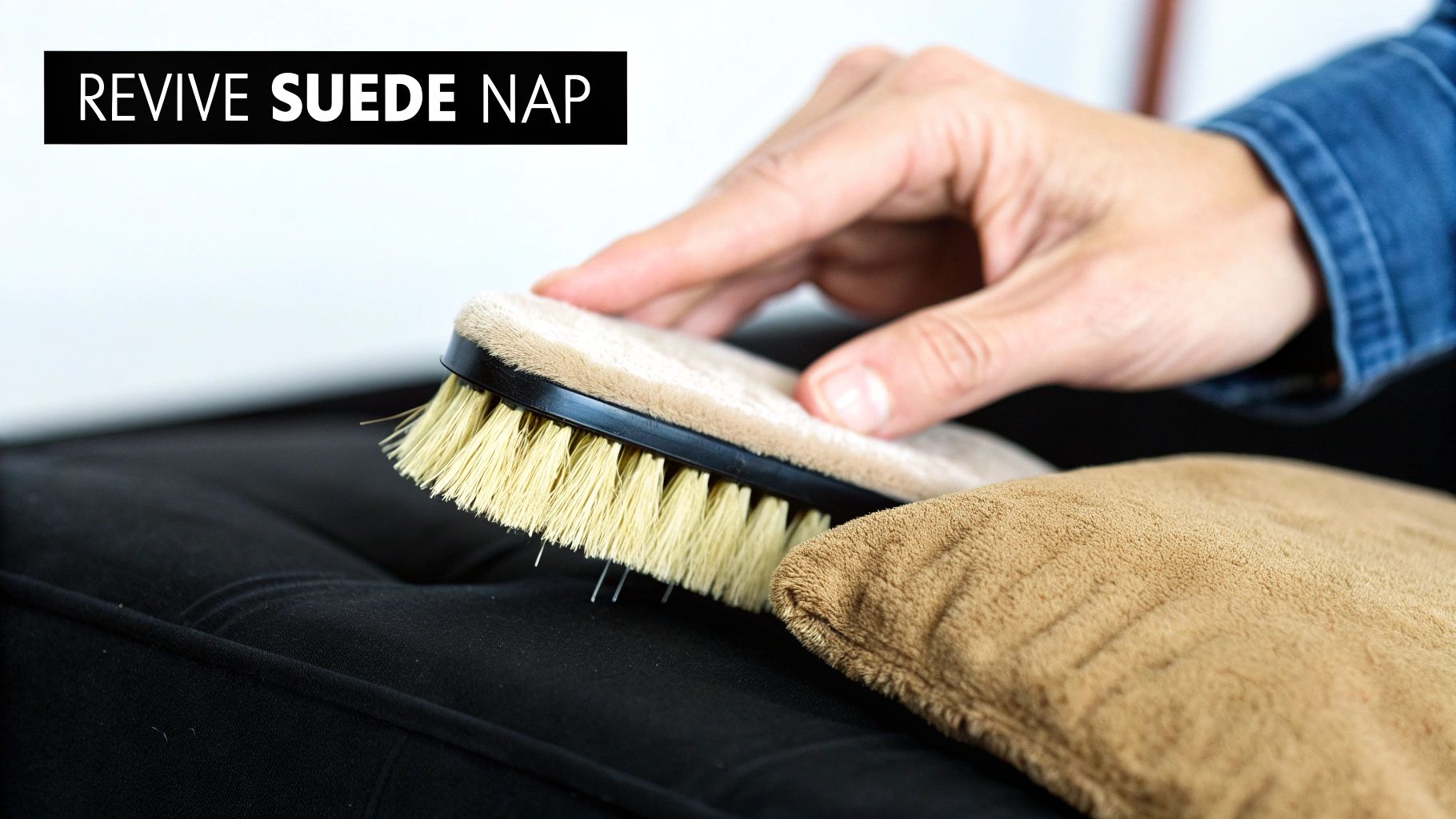 A hand uses a specialized brush and cloth to revive the nap of black suede material, with text 'REVIVE SUDE NAP'.