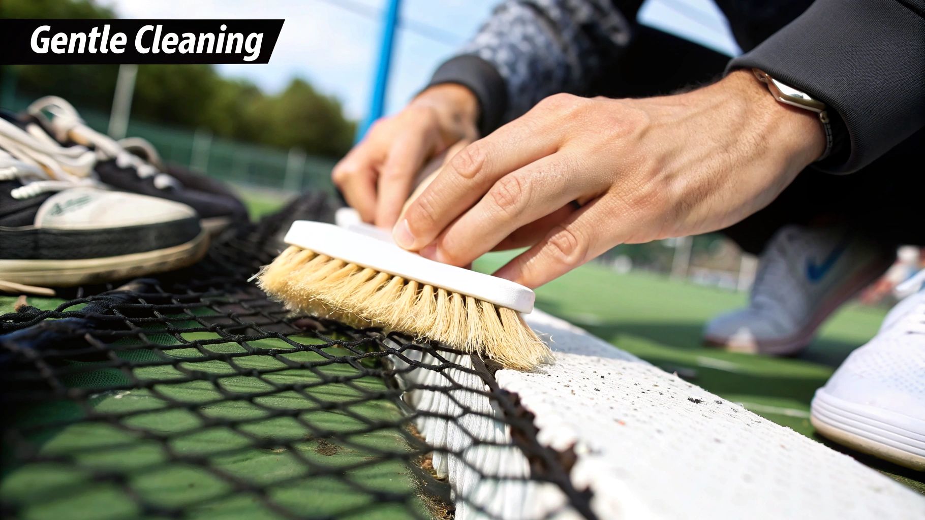 A person's hands gently brushing a dirty white border of a green sports field net.