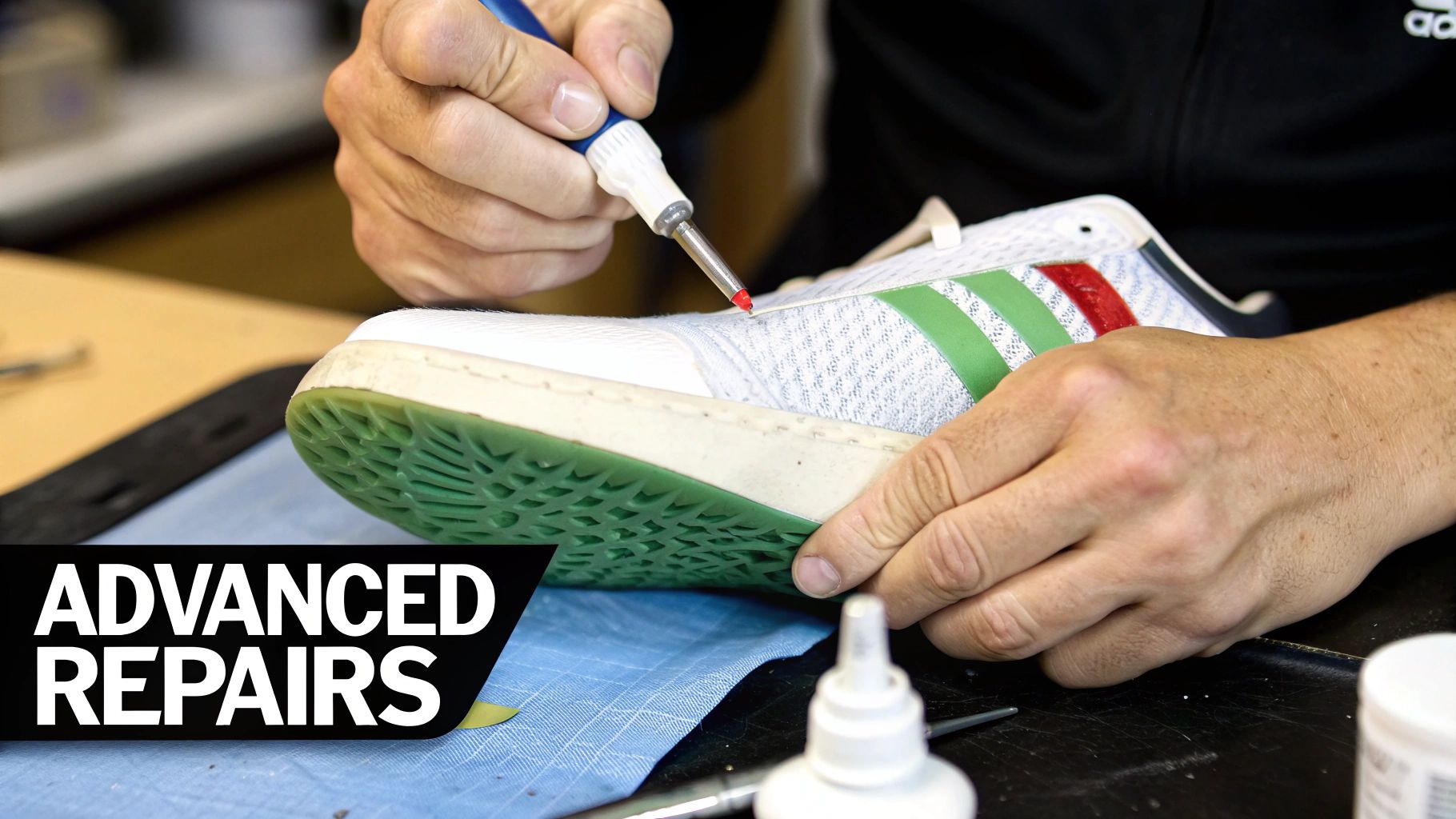 Close-up of hands restoring a white sneaker with green stripes, applying red substance with a fine tool.
