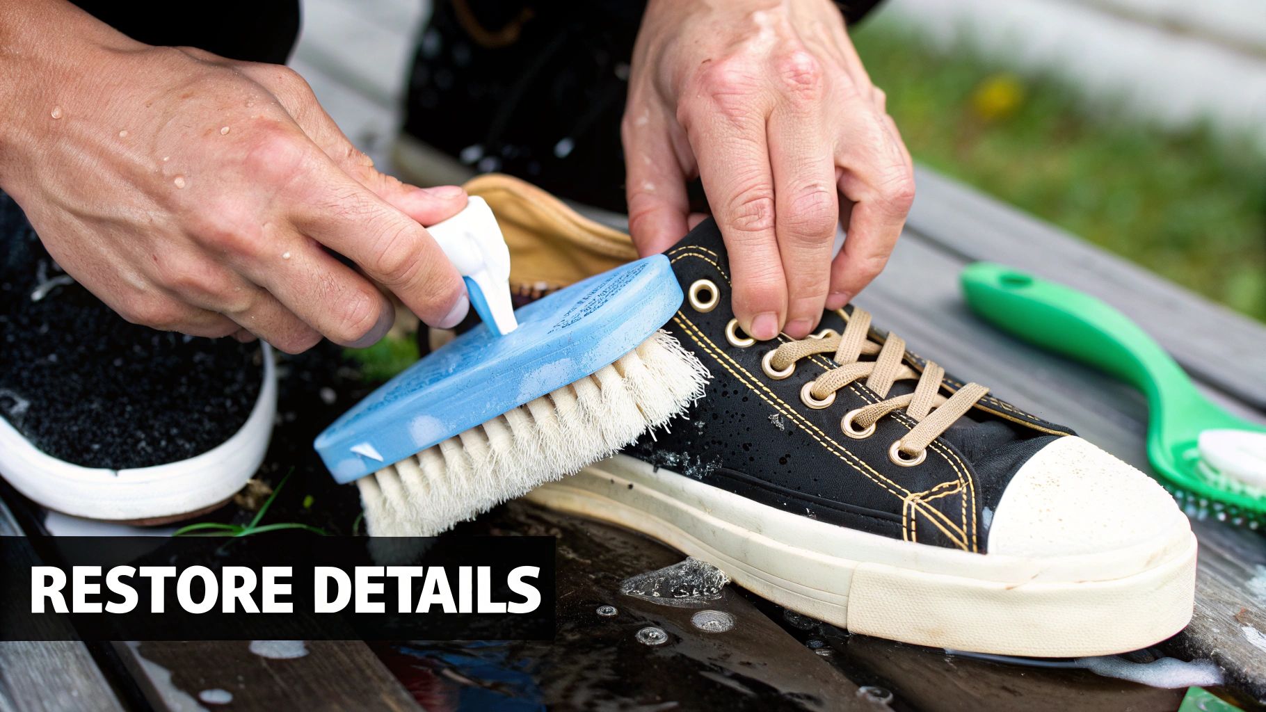 A person's hands are cleaning a black canvas sneaker with a blue scrub brush and water.