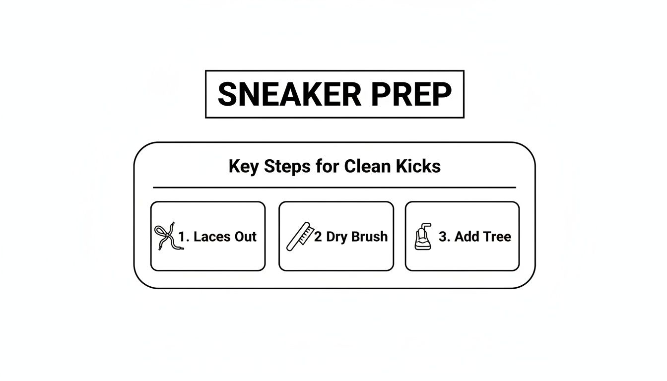 A sneaker prep guide illustrating three key steps for cleaning kicks: laces out, dry brush, and add tree.