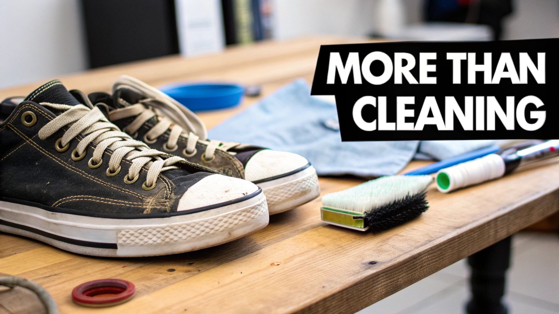 A pair of dirty black canvas sneakers on a wooden table with cleaning tools and products.