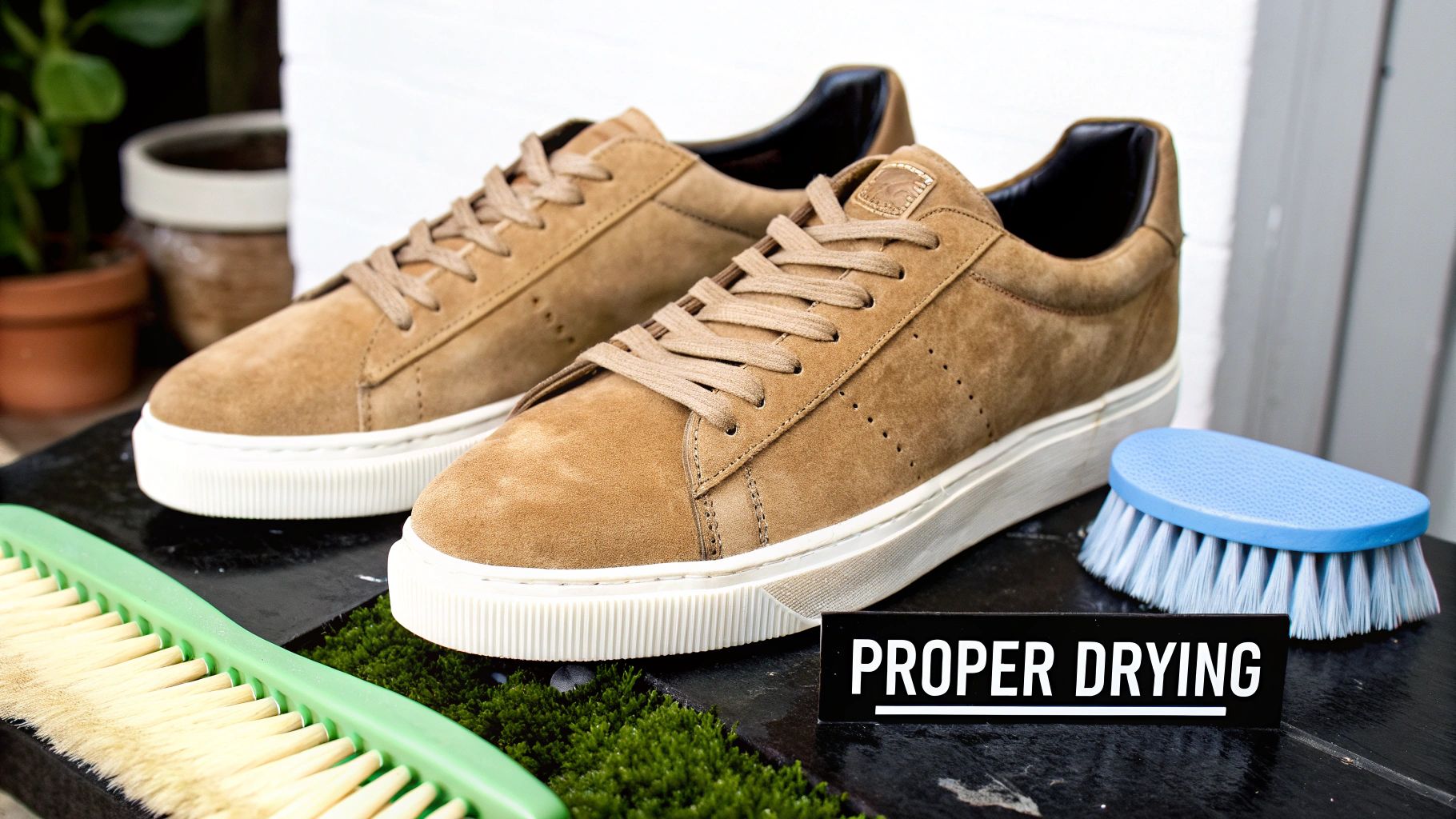 Close-up of brown suede sneakers with brushes, and a 'PROPER DRYING' sign, suggesting shoe care.