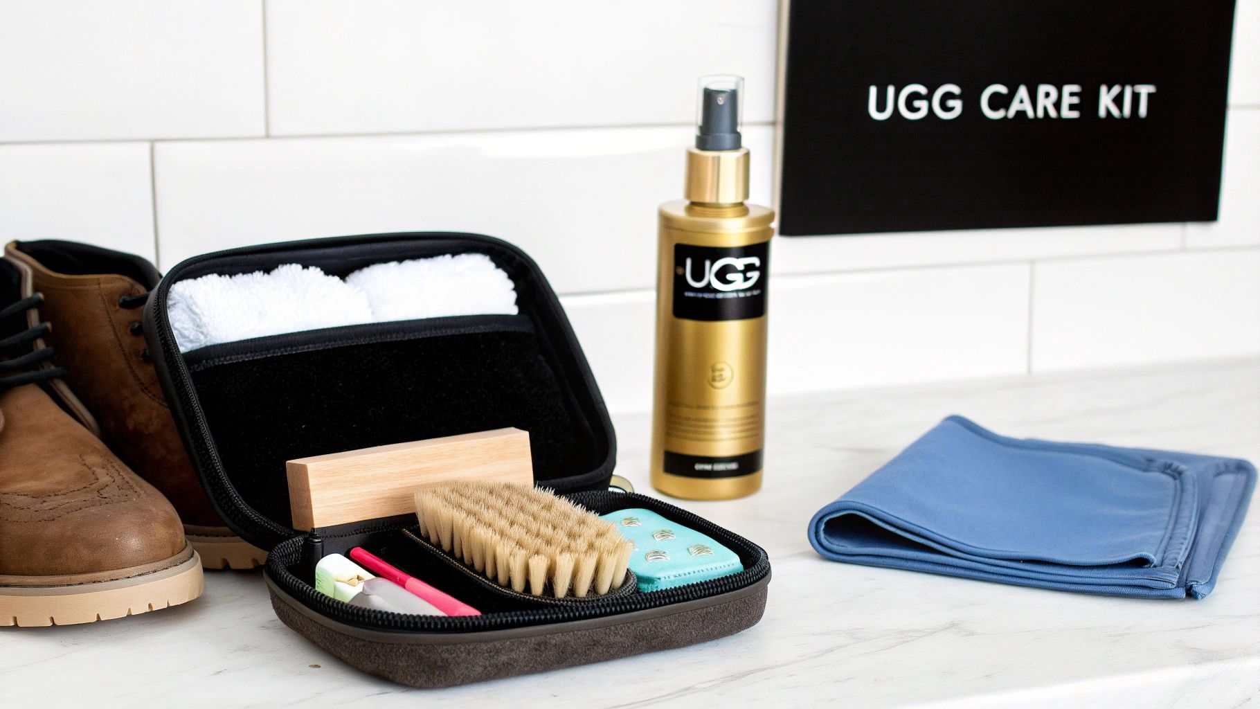 A UGG care kit with cleaning tools, a spray bottle, and brown boots on a counter.