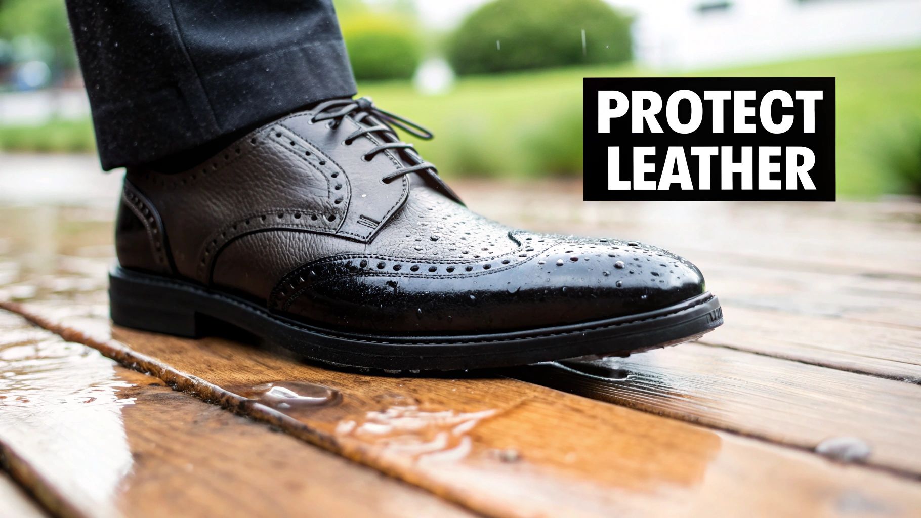 Close-up of a stylish black leather brogue shoe, wet with raindrops, standing on a damp wooden surface, with text "PROTECT LEATHER".