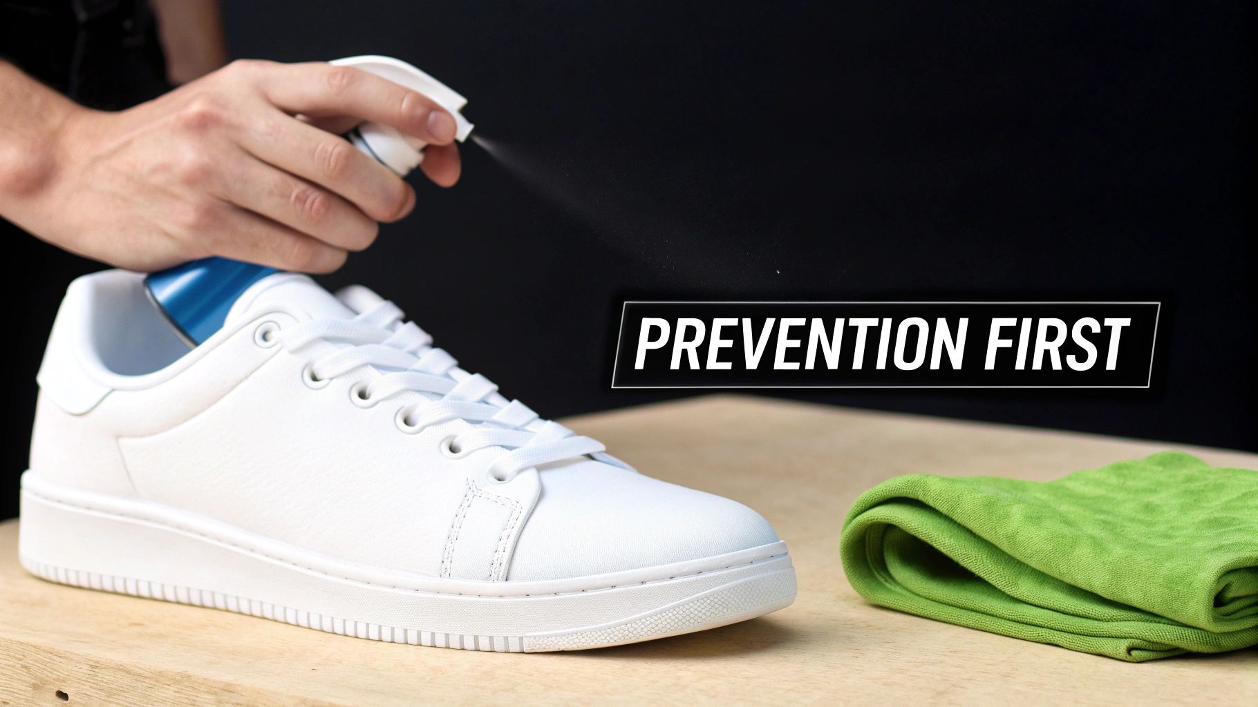 A person sprays a white sneaker with a protective spray. A folded green towel rests on a wooden surface.