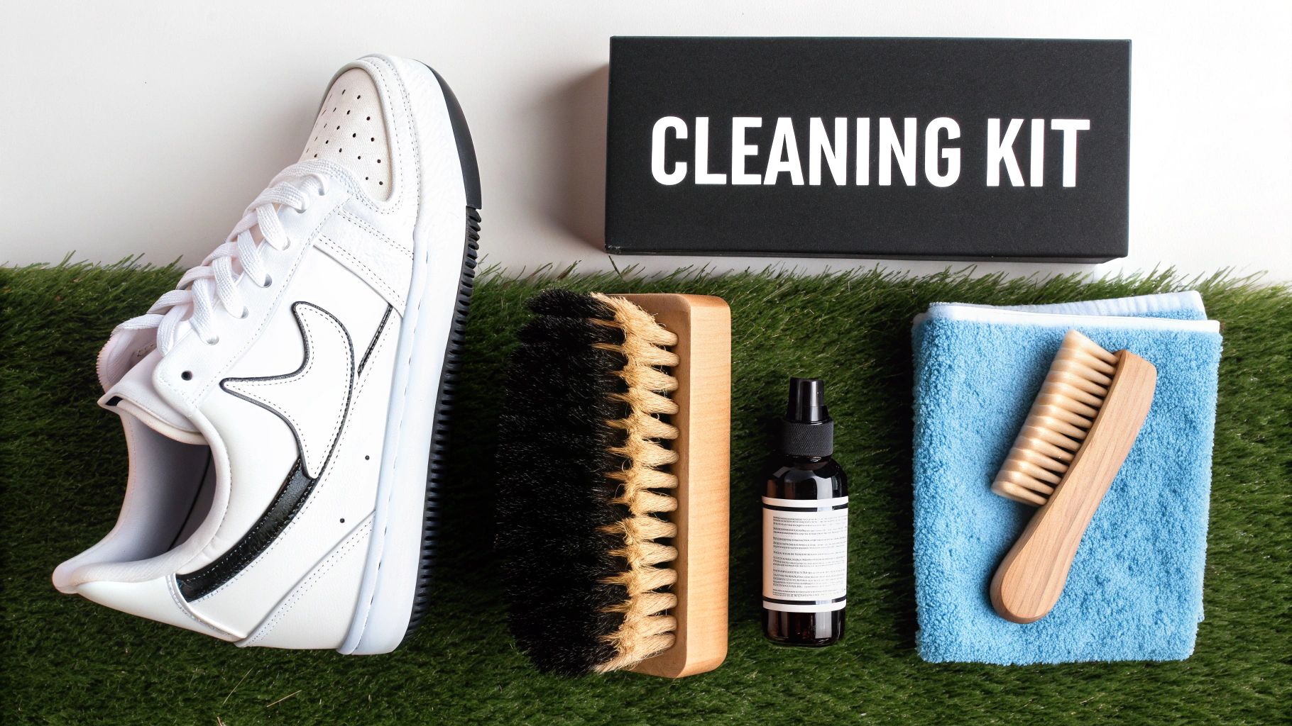 A shoe cleaning kit including a white sneaker, brushes, spray bottle, and towel on artificial grass.