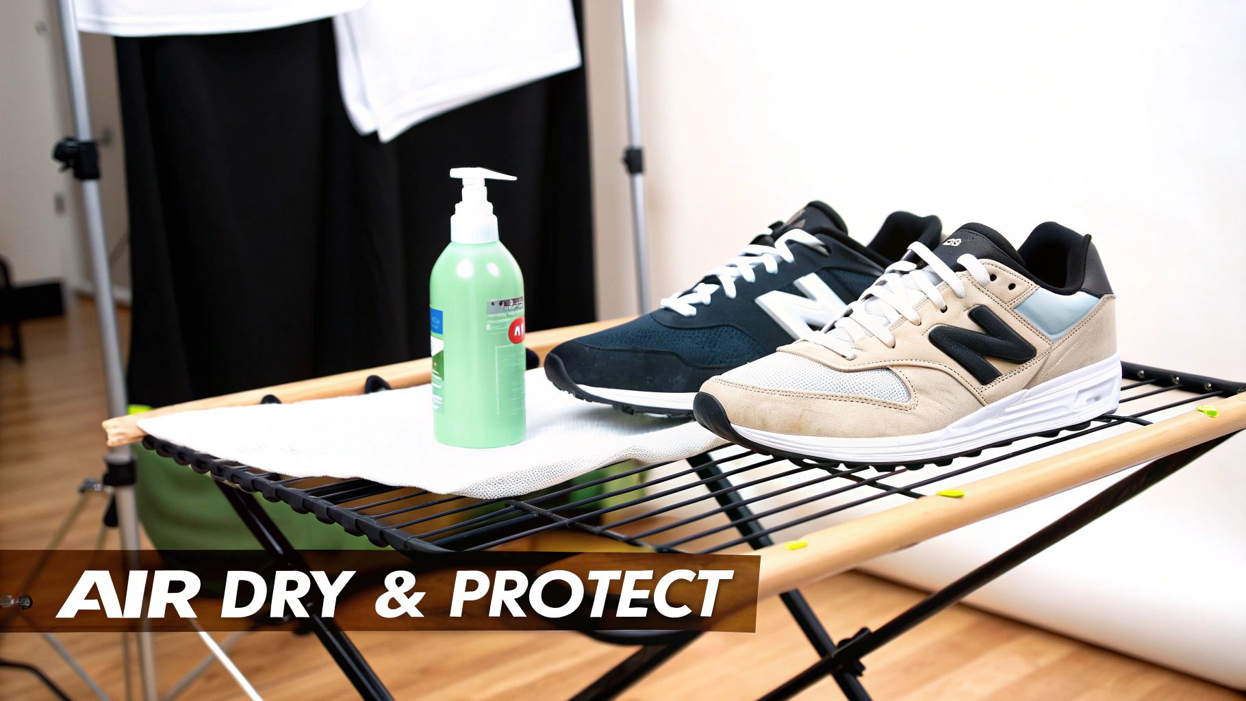 Two pairs of New Balance sneakers on a drying rack with a cleaning product and towel.