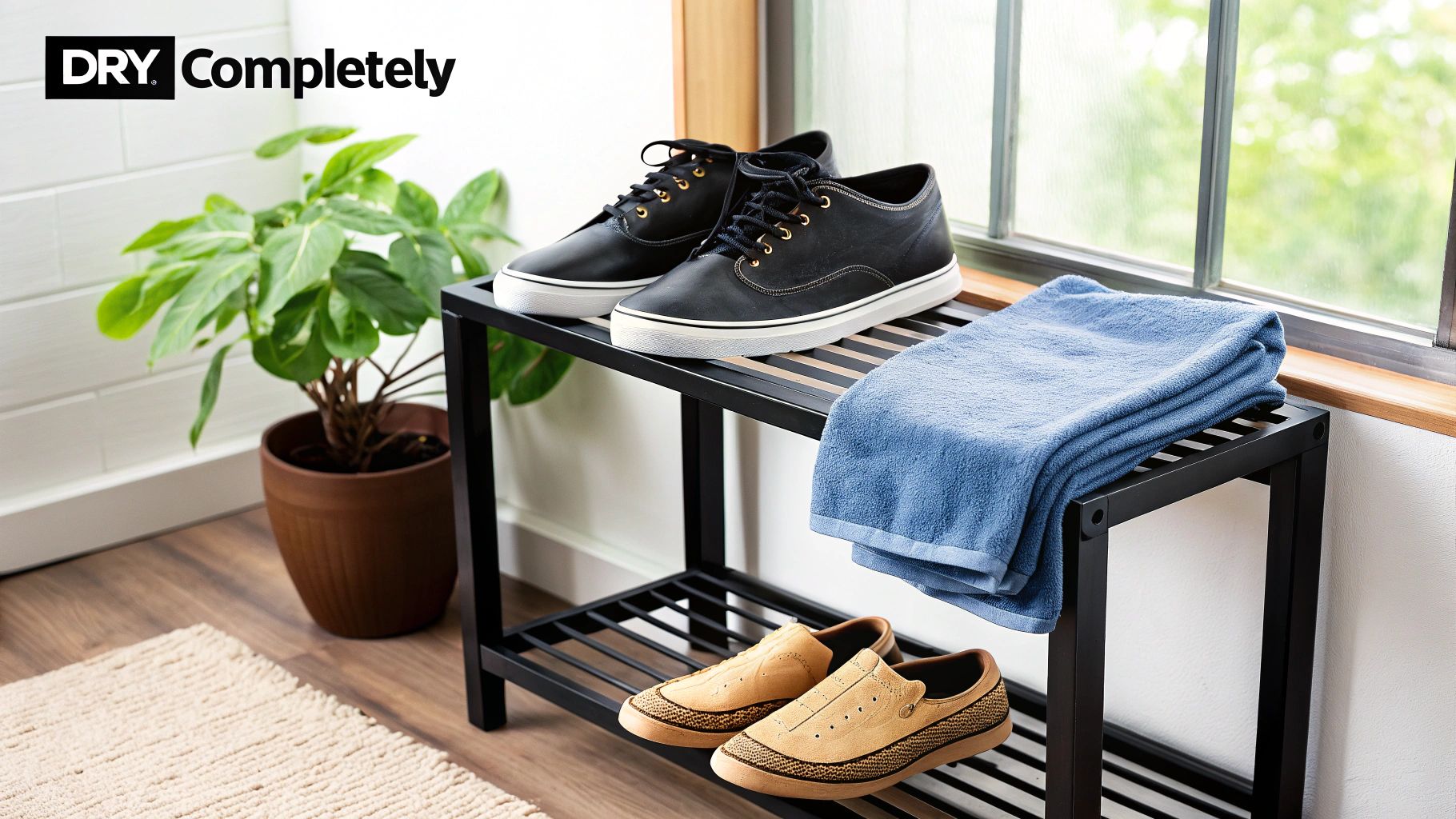 A black shoe rack holds two pairs of shoes and a folded blue towel near a window.