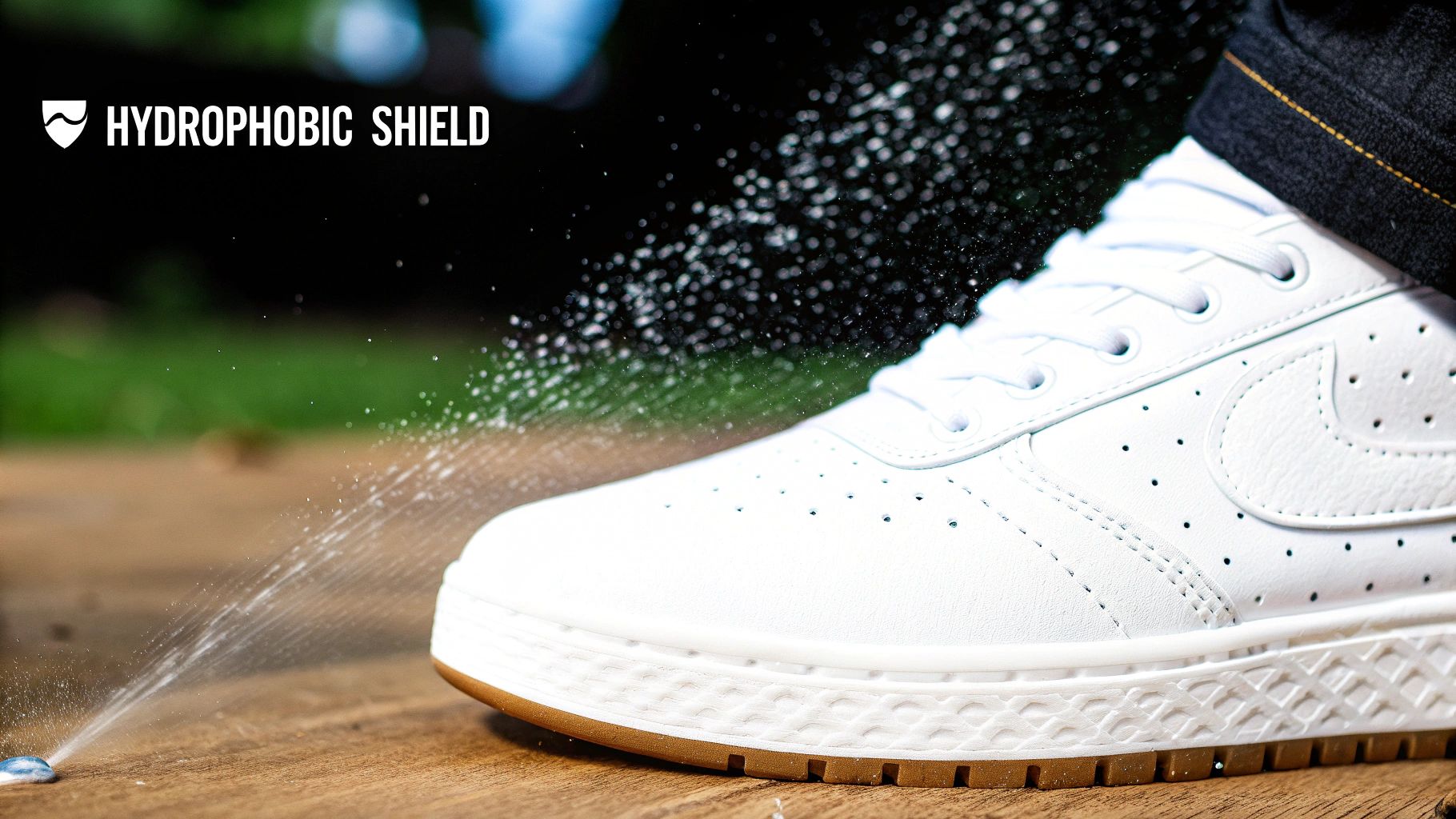 Close-up of a white sneaker being sprayed with water, demonstrating its hydrophobic shield protection.