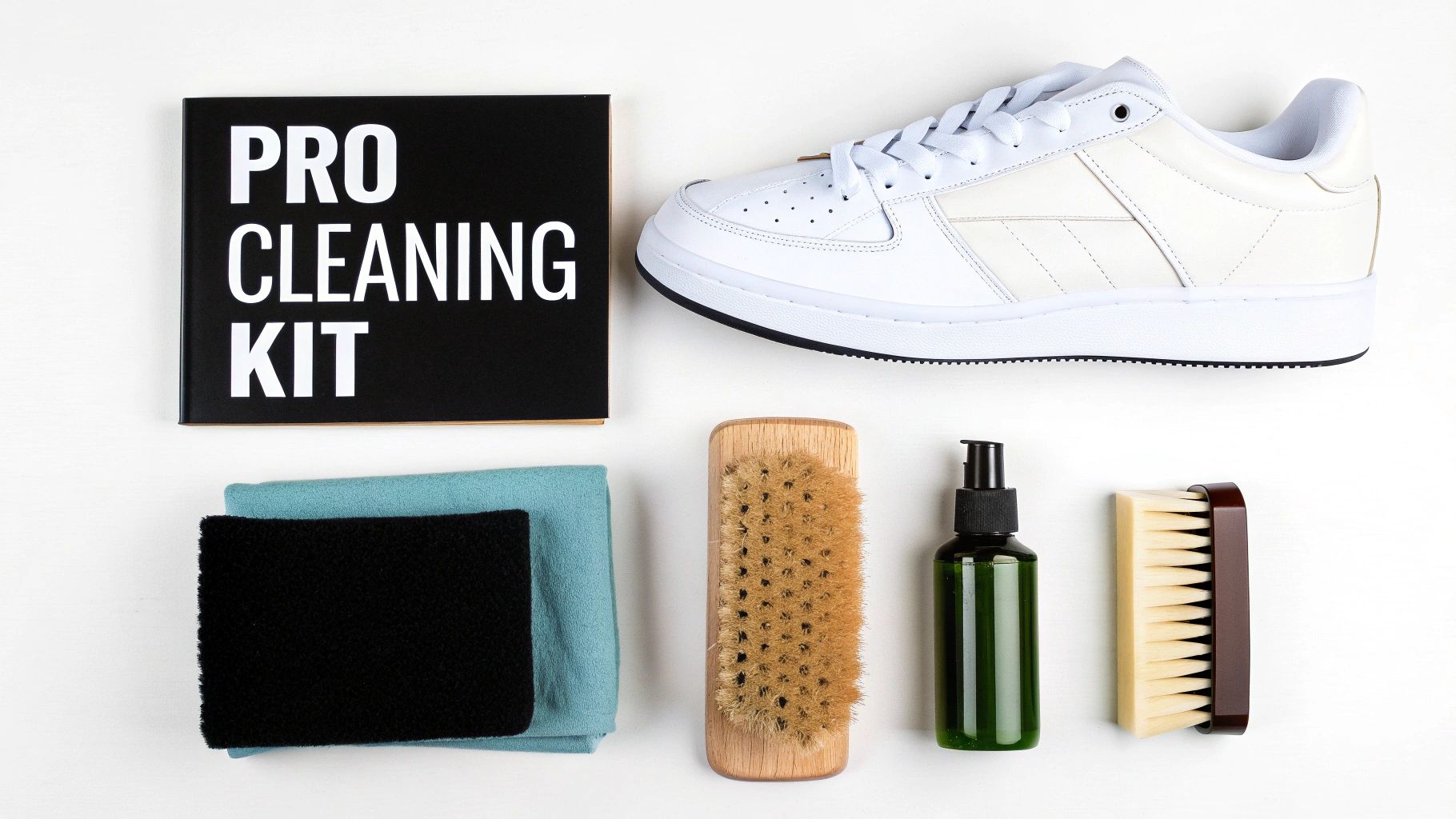 A flat lay of a pro shoe cleaning kit with a white sneaker, brushes, solution, and cloths.