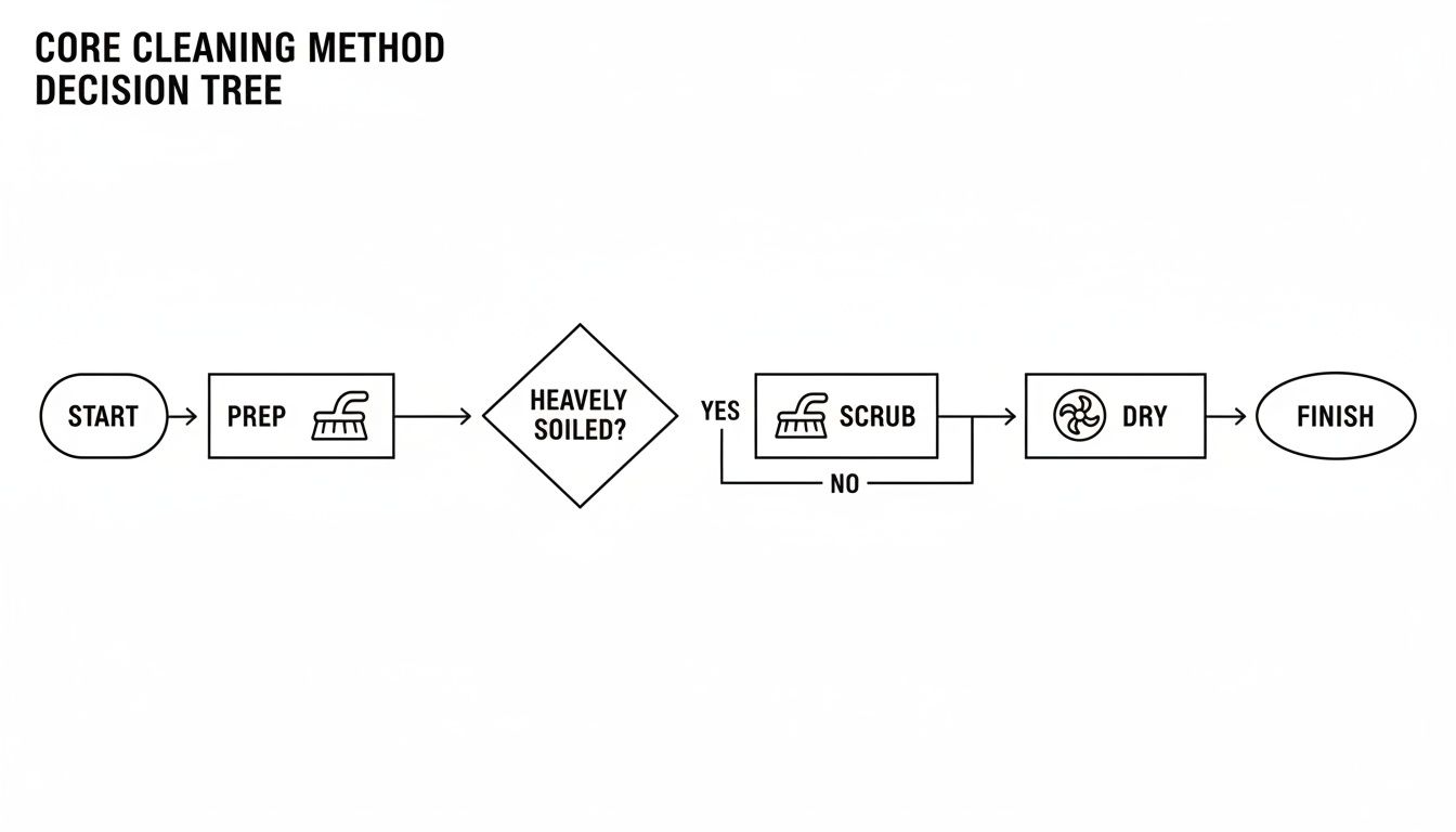 Flowchart outlining a core cleaning method decision tree for cleaning, including prep, scrub, and dry steps.