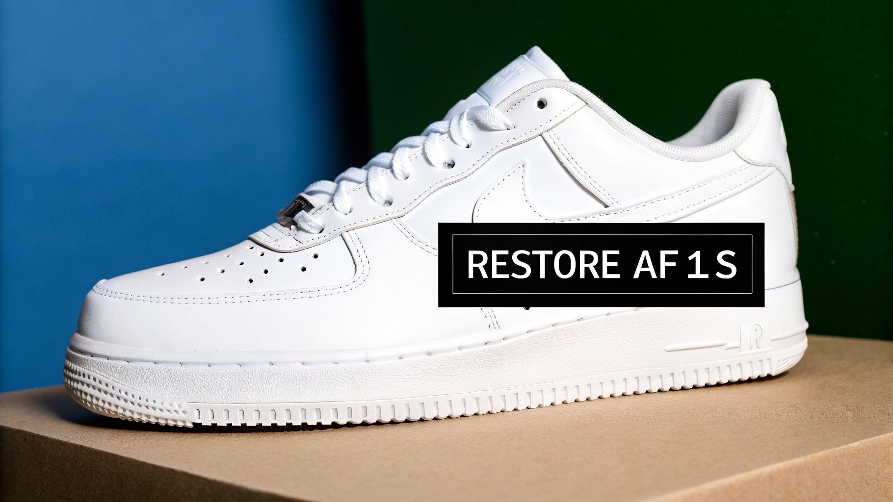A clean white Nike Air Force 1 sneaker on a cardboard surface with 'RESTORE AF 1 S' overlay.