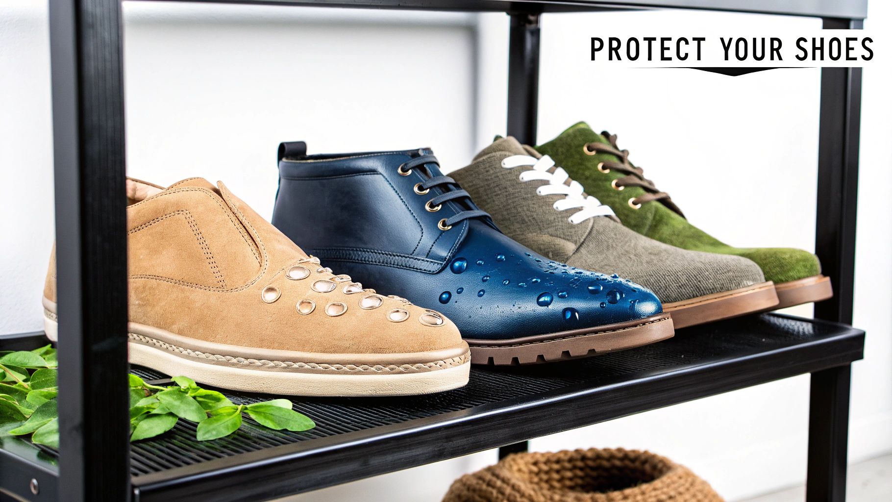 Four pairs of stylish, waterproof men's boots on a black shelf, showcasing shoe protection.