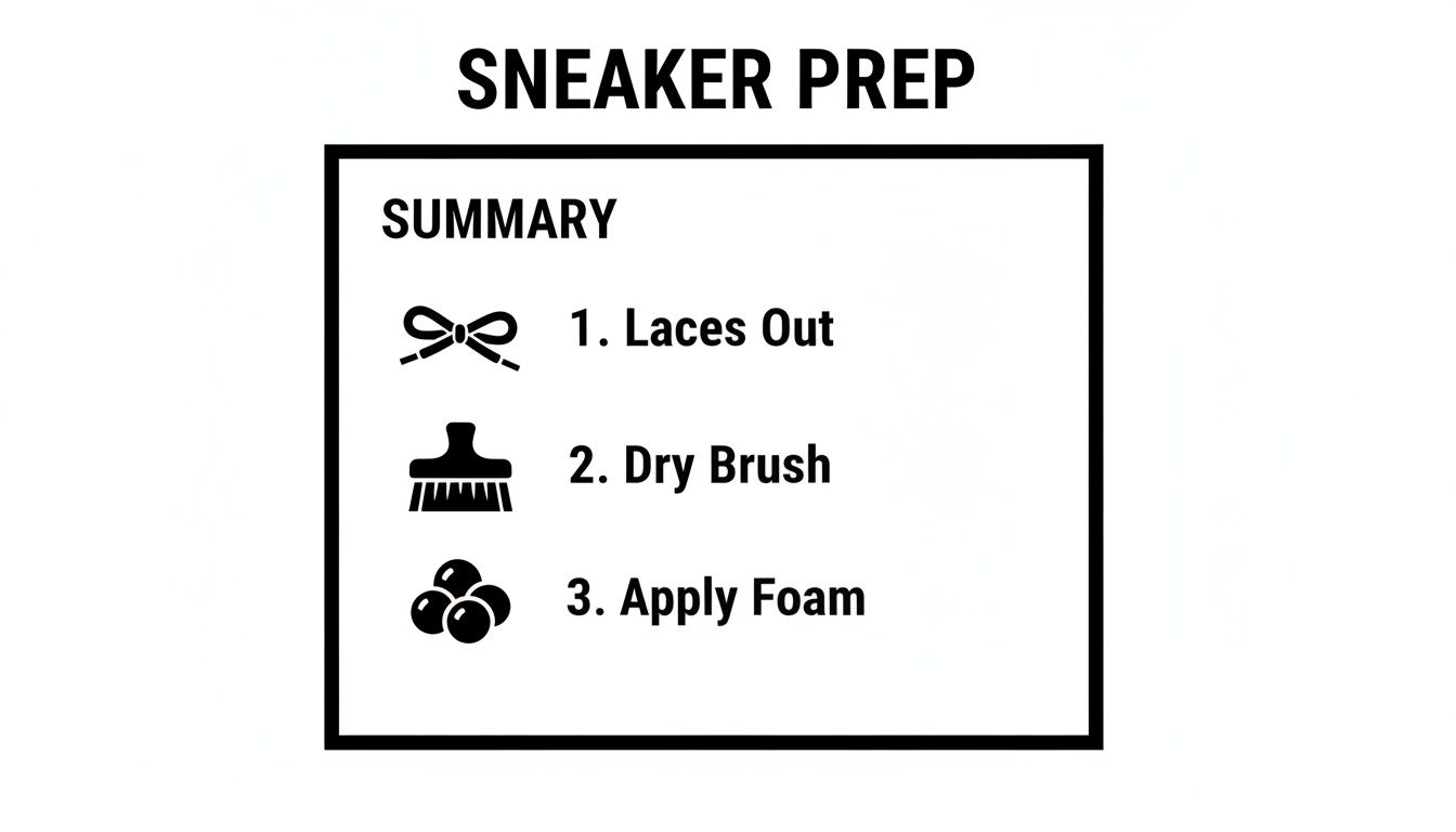A sneaker prep guide with three steps: laces out, dry brush, and apply foam.