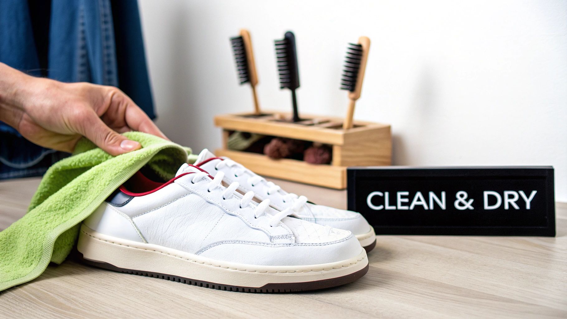 A hand wiping white sneakers with a green cloth, near a shoe cleaning kit and a "CLEAN & DRY" sign.