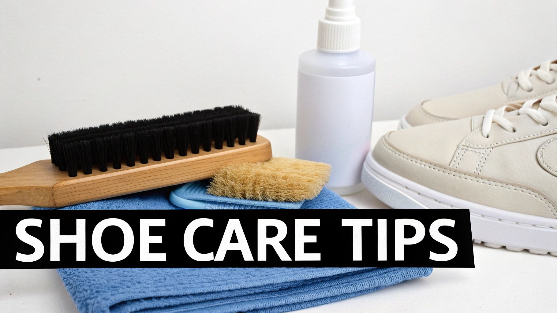 Shoe care tools including brushes, cleaning spray, and cloth next to sneakers, with 'SHOE CARE TIPS' text.