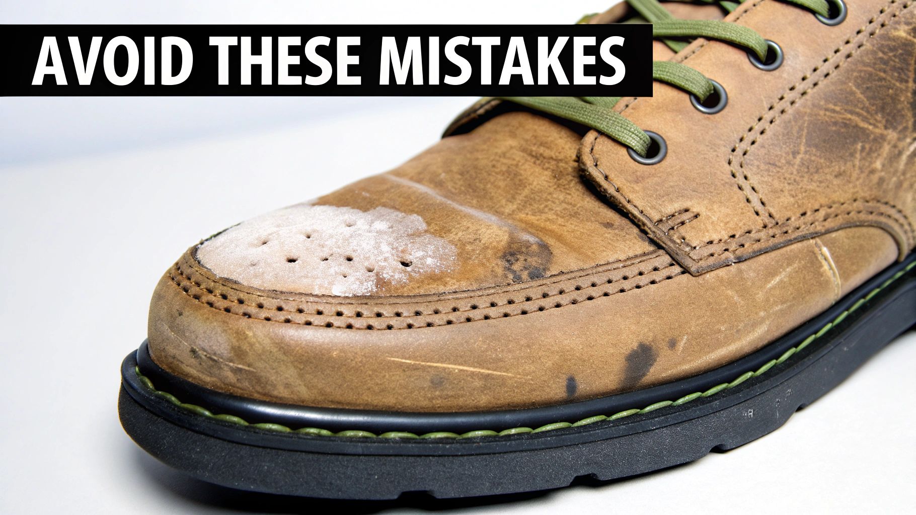 Close-up of a brown leather shoe with white salt stains and dirt, text 'AVOID THESE MISTAKES'.