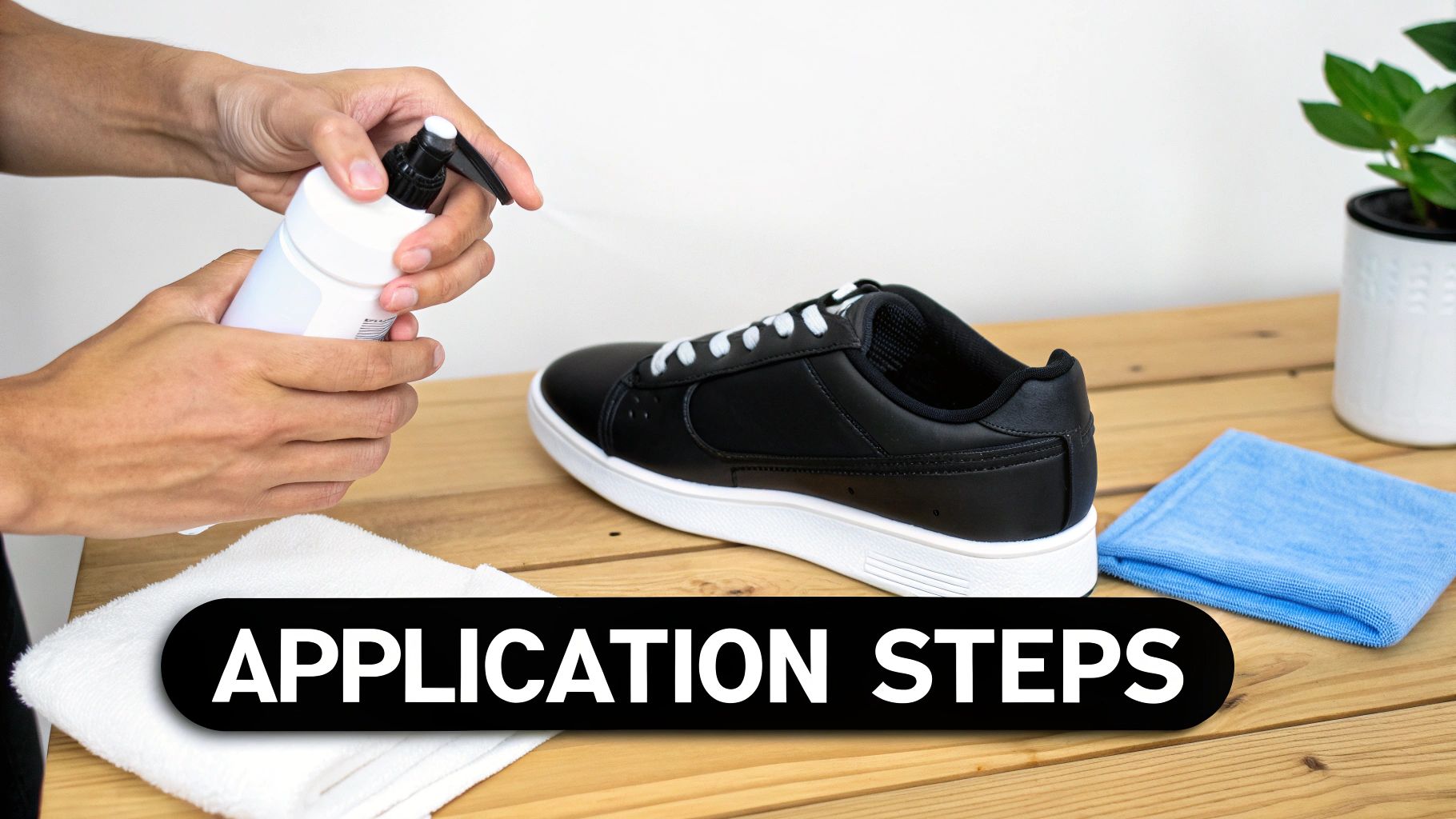 Hands spraying a black shoe with a white bottle on a wooden table, illustrating application steps.