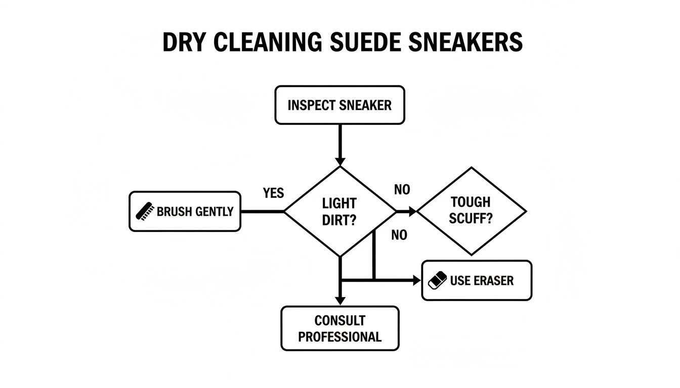 Flowchart detailing the dry cleaning process for suede sneakers based on dirt and scuffs.