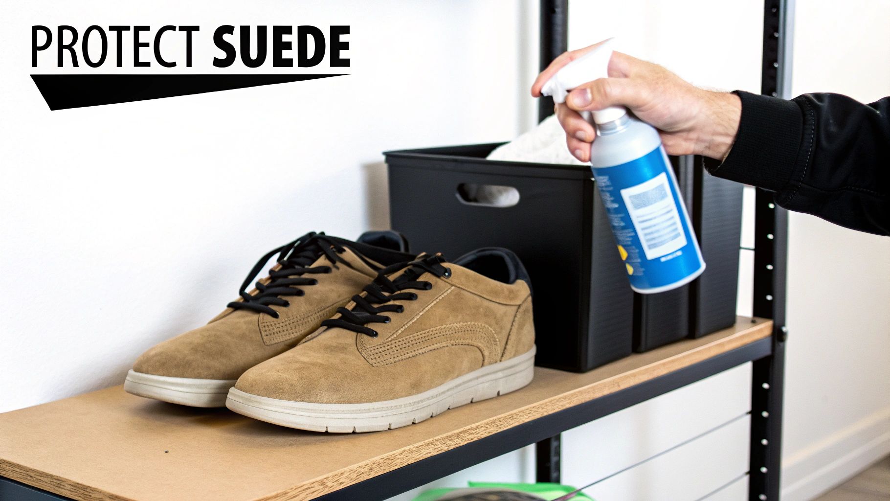 A person sprays a protective solution onto a pair of tan suede shoes placed on a wooden shelf.