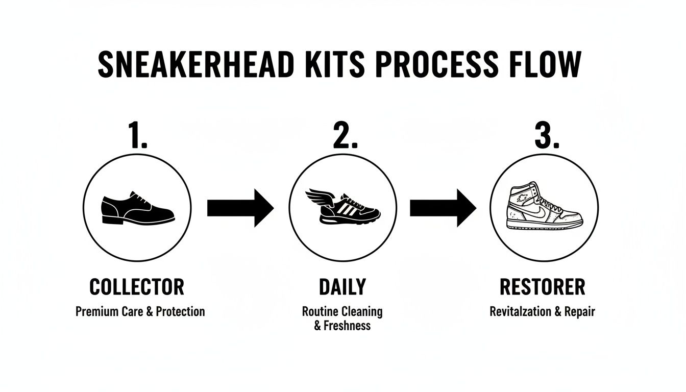 Flowchart showing sneaker care process: collector for premium care, daily for routine cleaning, and restorer for repair.