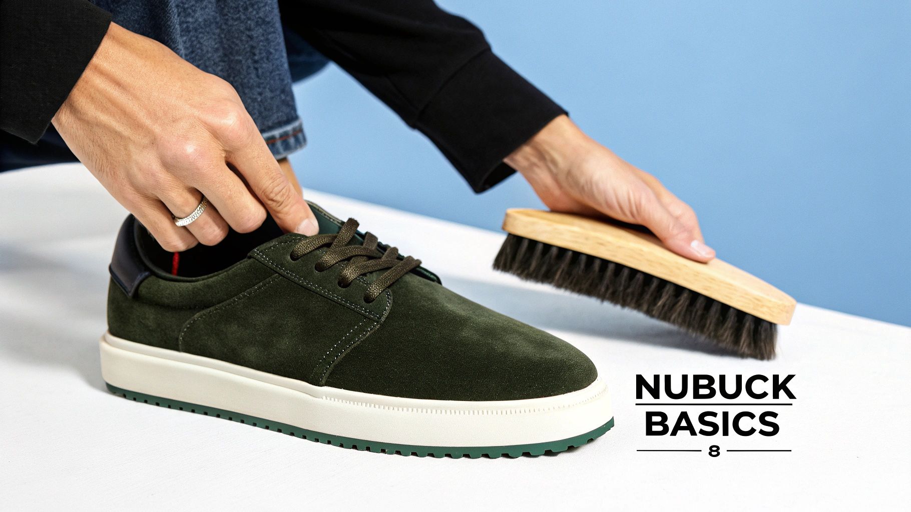 Hands brushing a dark green nubuck shoe with a cleaning brush for maintenance.