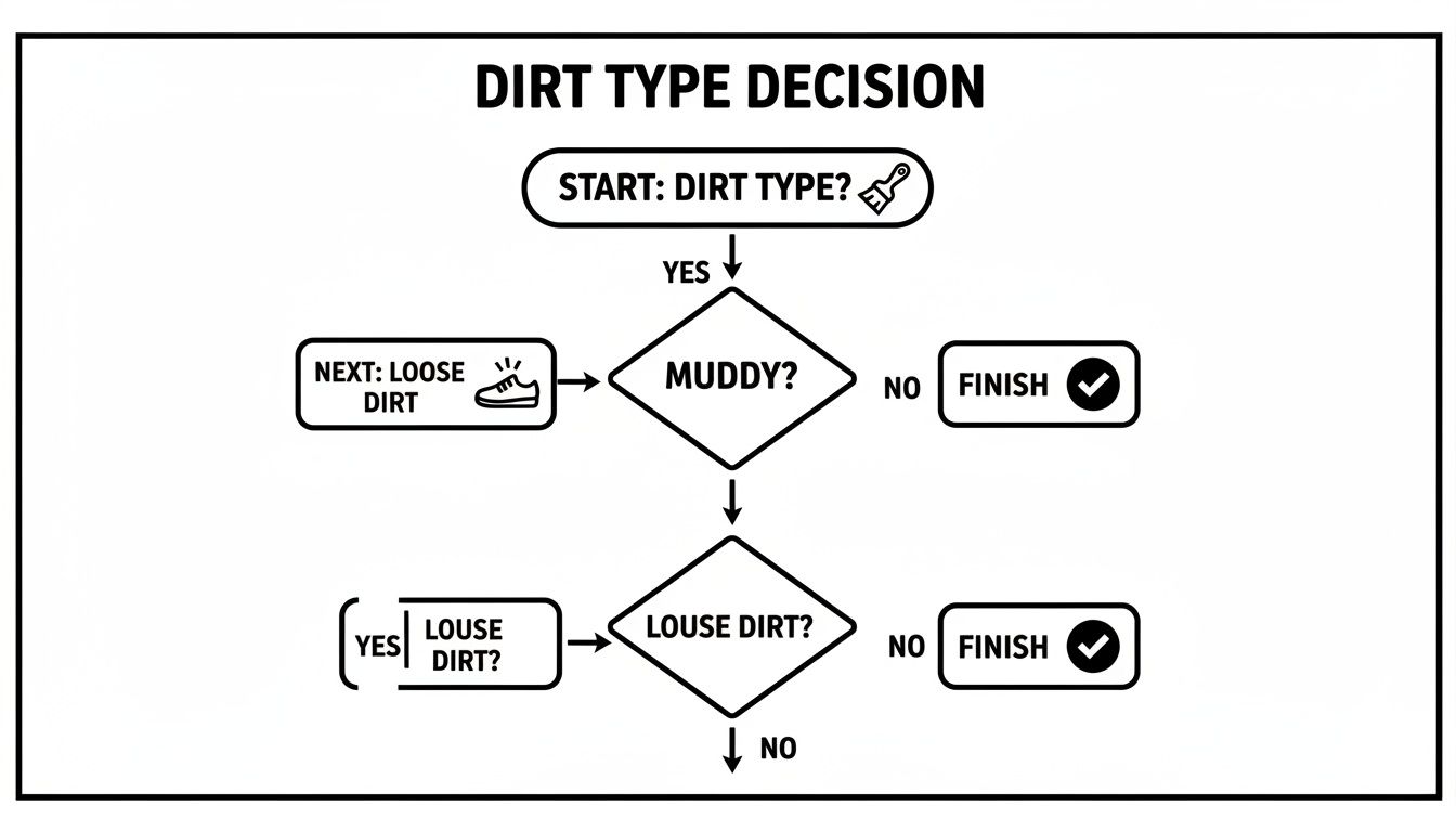 A flowchart titled 'DIRT TYPE DECISION' guiding users through identifying dirt as muddy or loose.