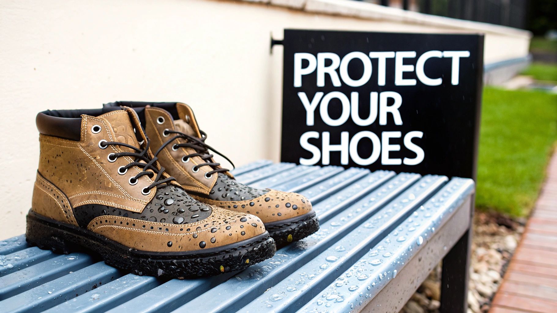 Two waterproof brown and black boots with water droplets on a blue slatted bench, near a 'Protect Your Shoes' sign.