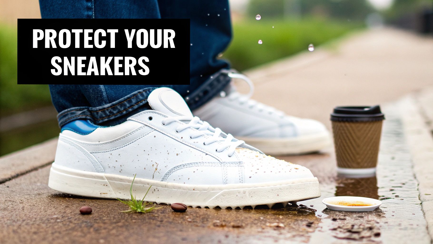 White sneakers on a wet urban surface with splashes, highlighting the need for protection.
