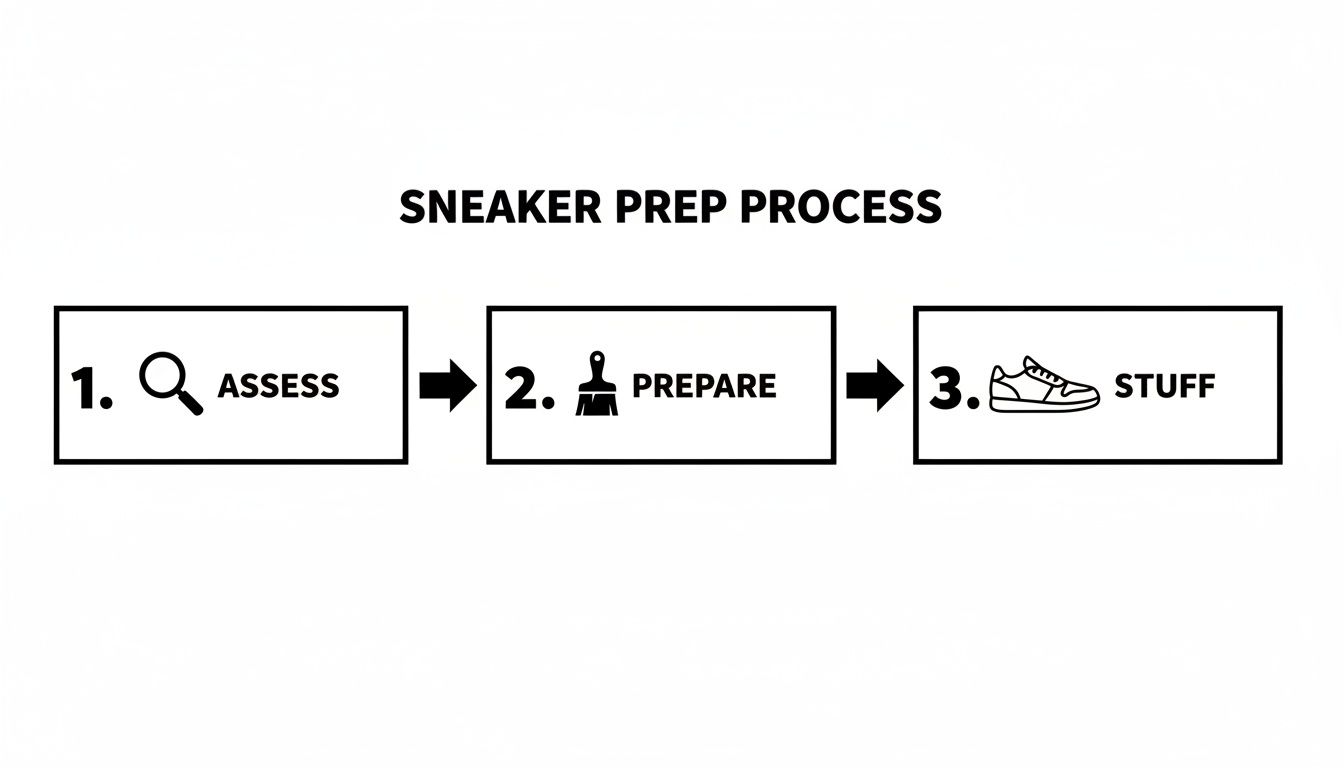 A three-step process diagram for sneaker preparation: Assess, Prepare, and Stuff.