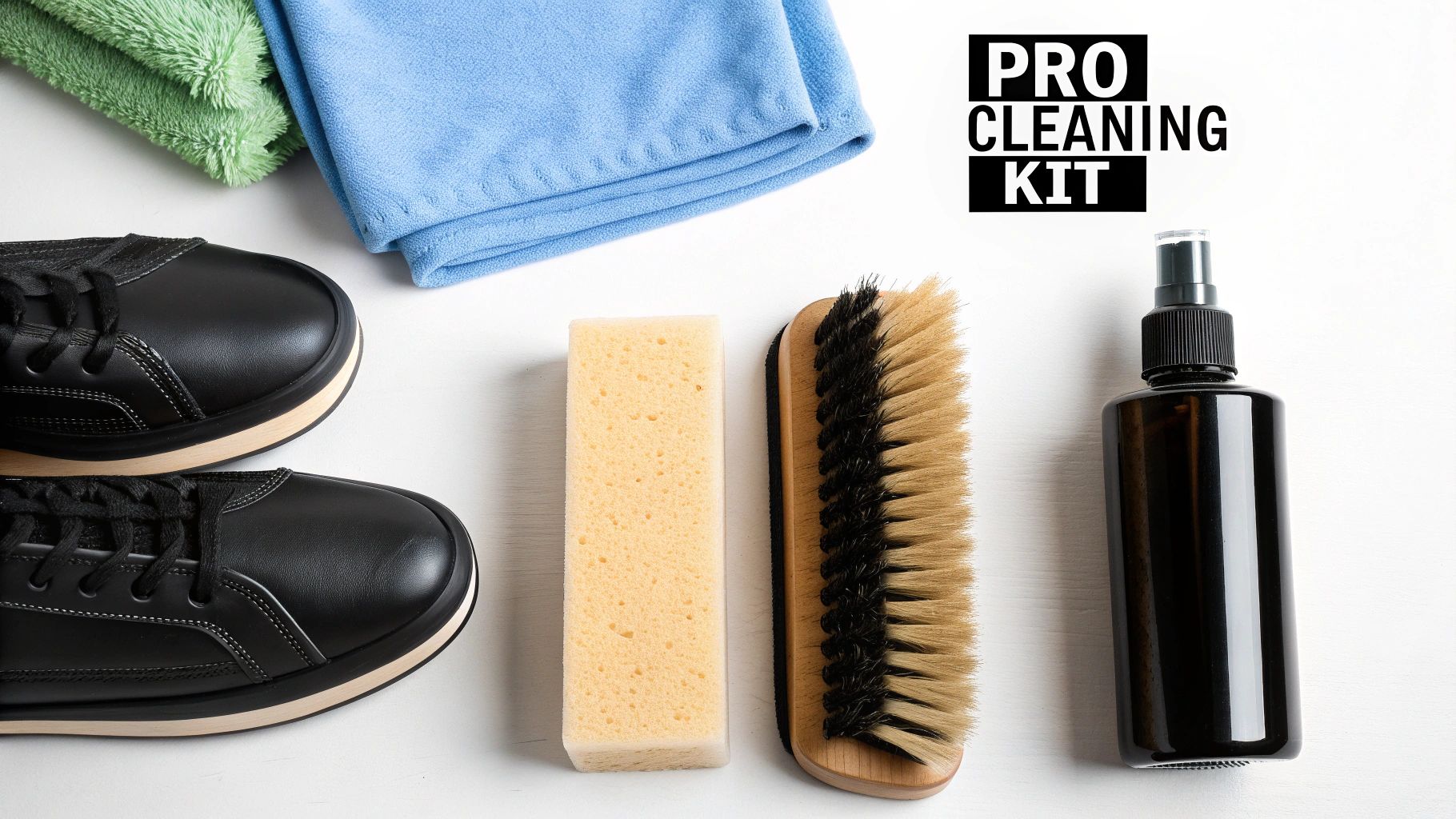 A professional shoe cleaning kit displayed on a white surface, featuring sneakers, towels, brush, sponge, and spray bottle.