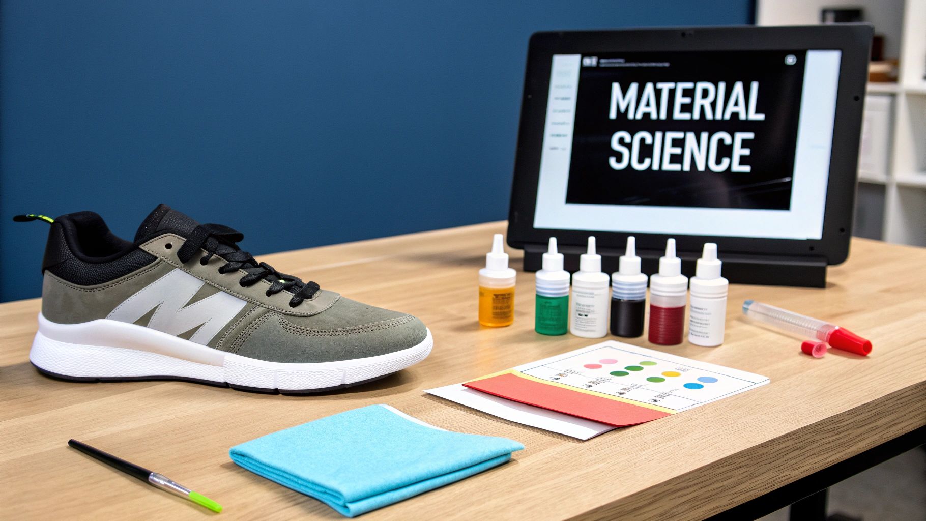 A sneaker and a material science kit with colored liquids, brush, and tablet on a wooden table.