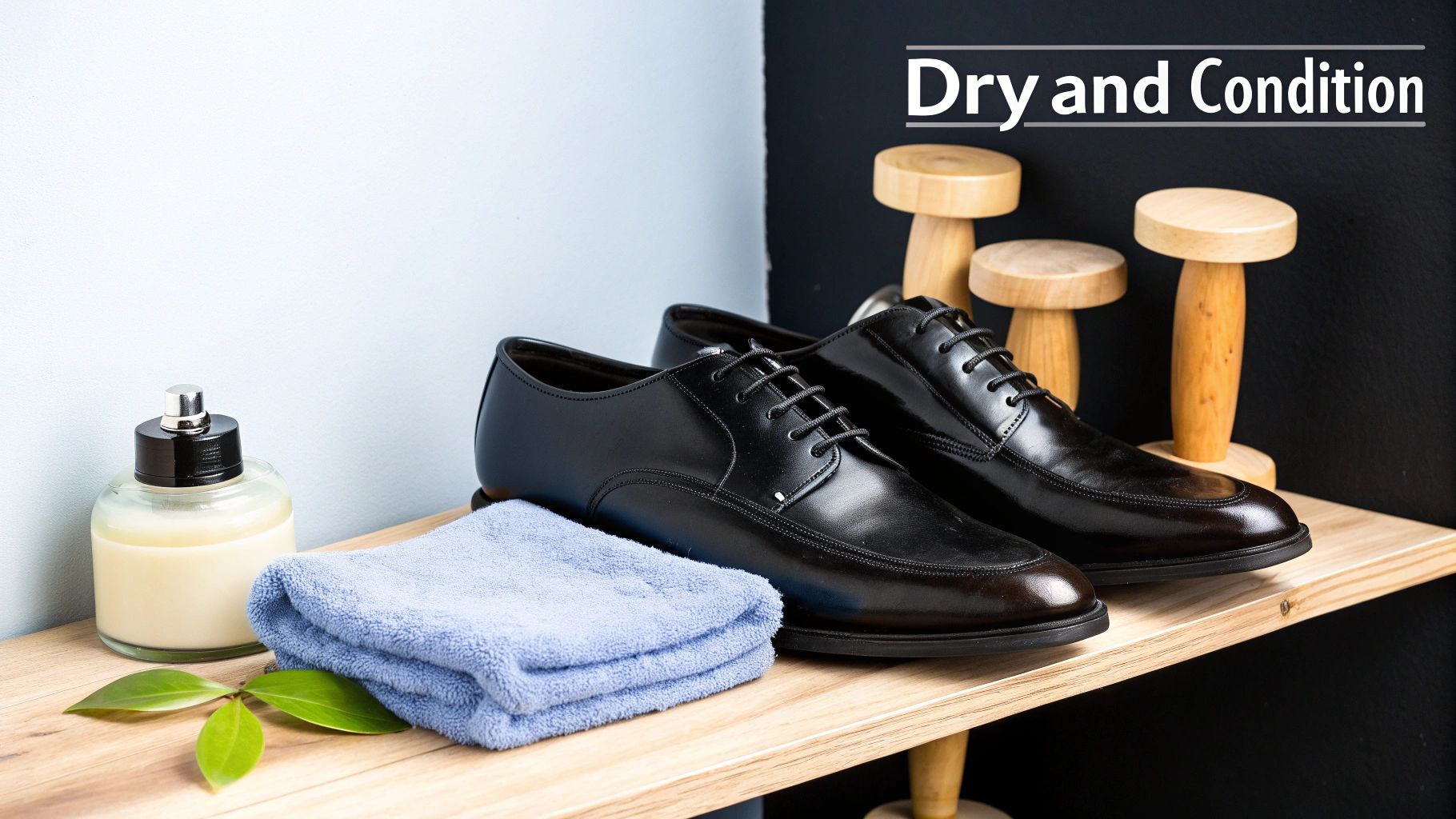 Black leather dress shoes, shoe conditioner, and a blue towel on a wooden shelf with 'Dry and Condition' text.
