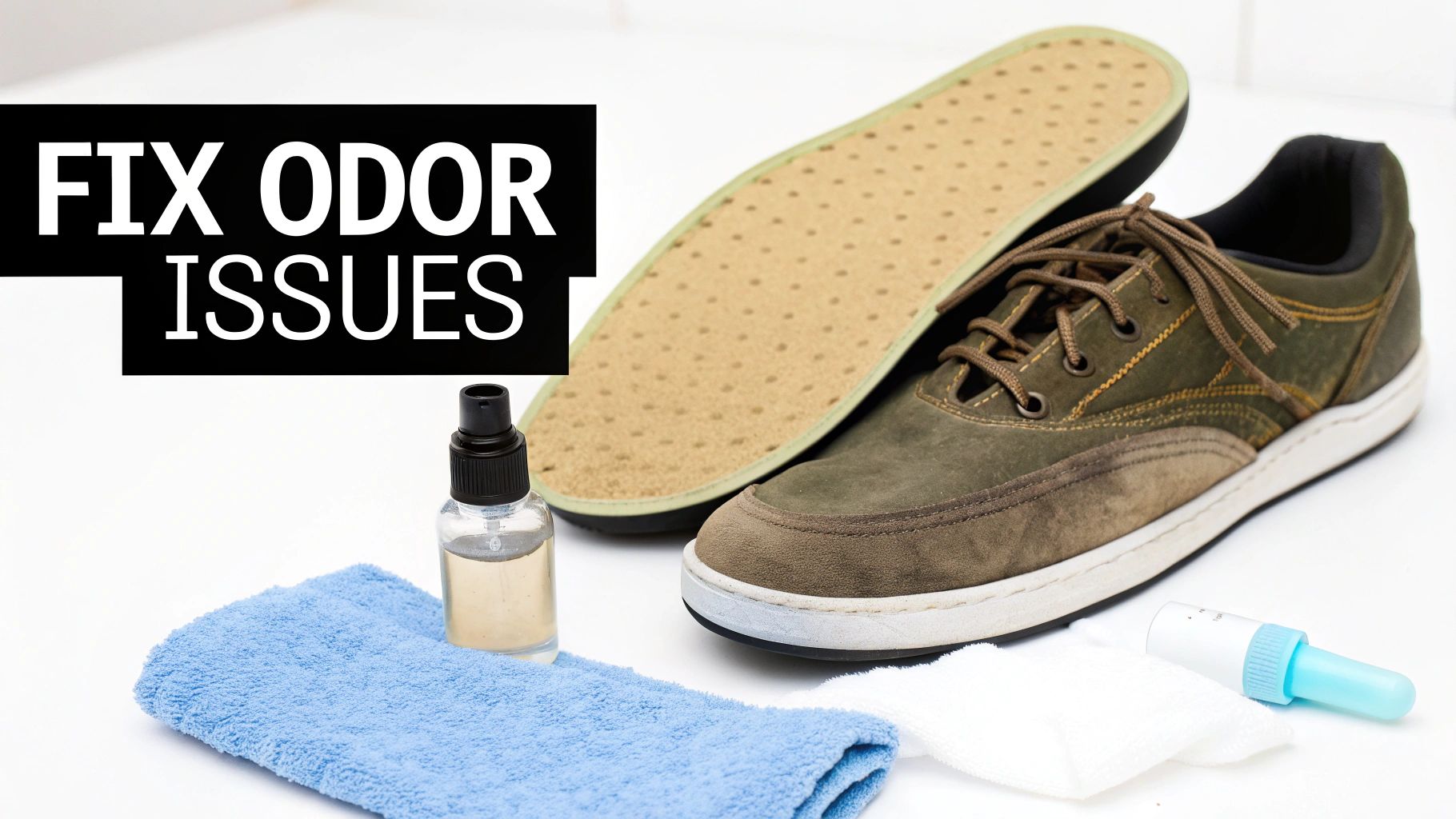 Items for fixing shoe odor issues: a shoe with a removed insole, spray bottle, towel, and dropper.