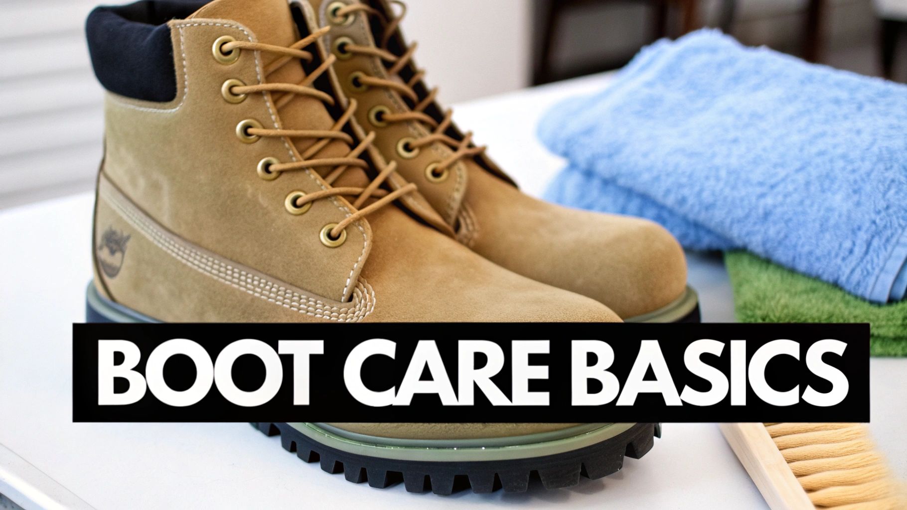 Tan suede boots, along with cleaning towels and a brush, under a 'Boot Care Basics' banner.