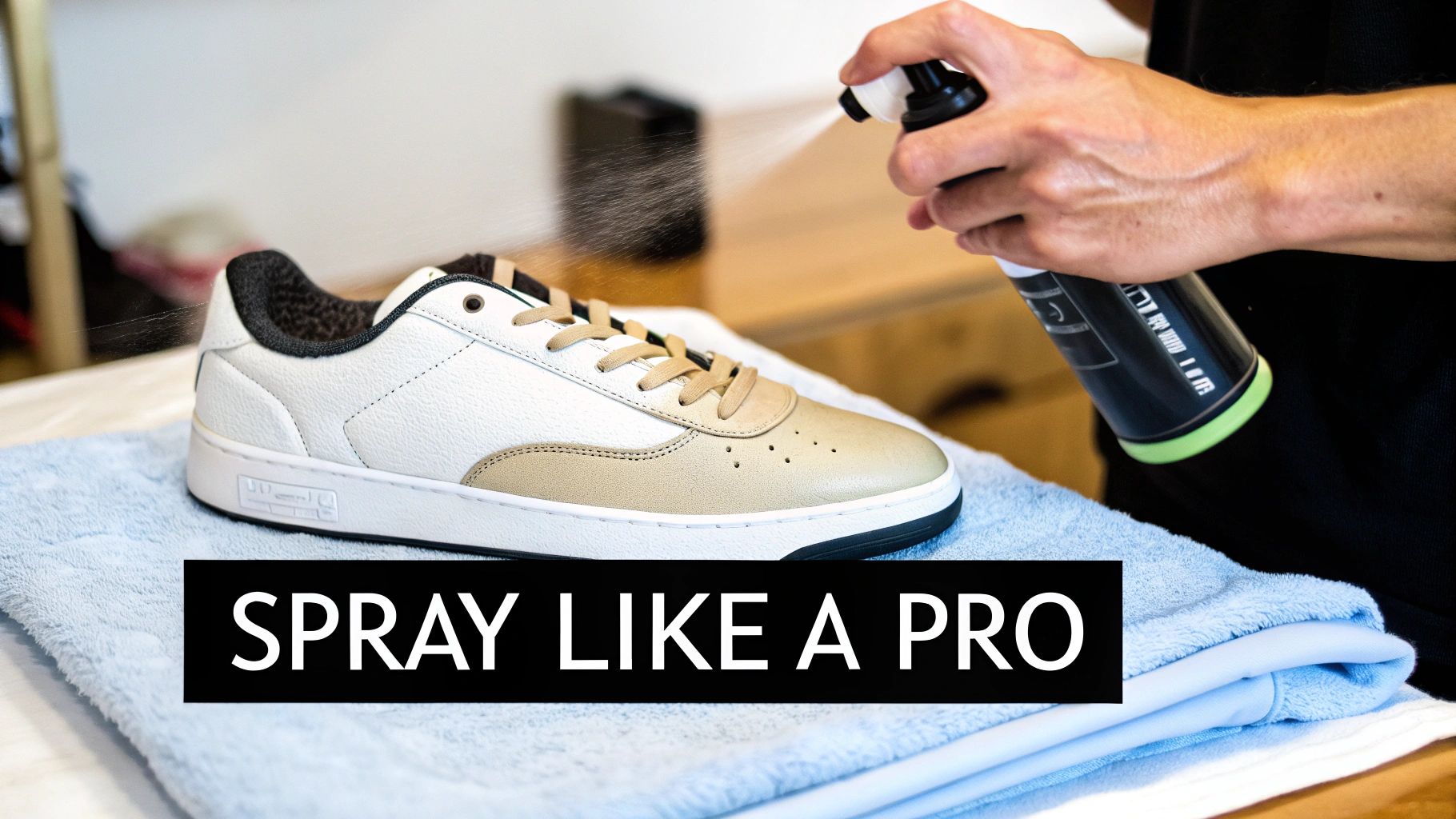 A person sprays a white and beige sneaker with a protective spray on a light blue towel.