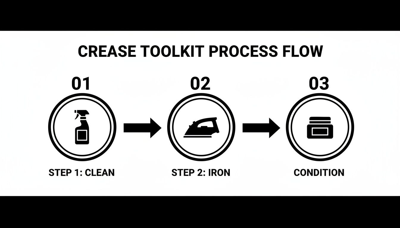 A three-step crease toolkit process flow diagram showing cleaning, ironing, and conditioning steps.