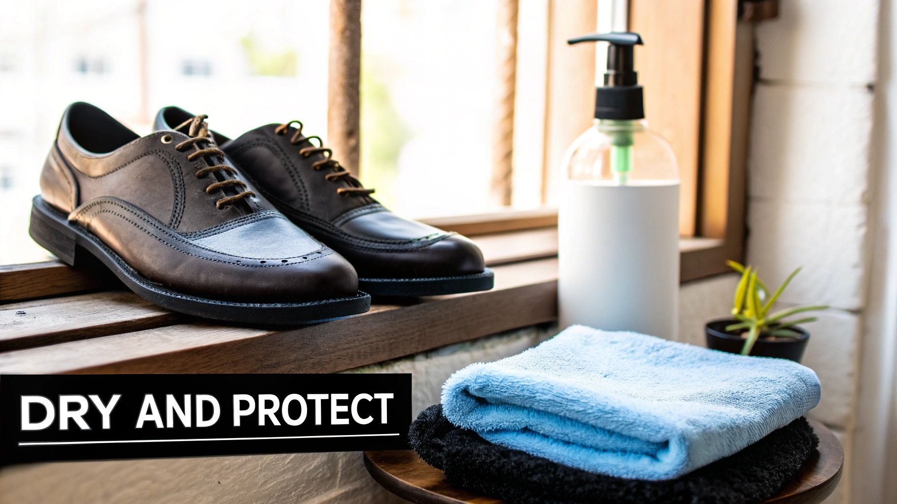 A pair of brown leather shoes, a soap dispenser, and towels on a wooden surface, suggesting shoe cleaning.