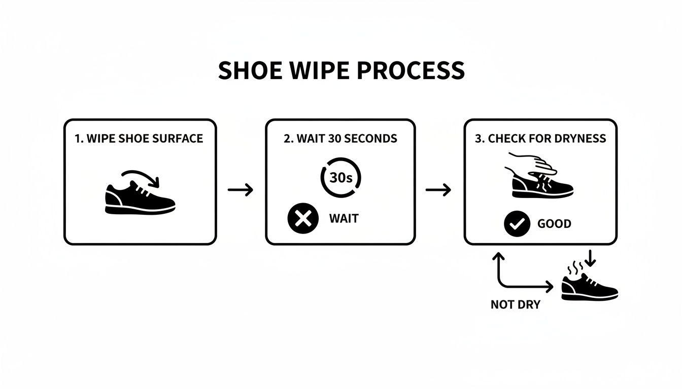 Flowchart illustrating a three-step shoe cleaning process: wipe surface, wait 30 seconds, and check for dryness.