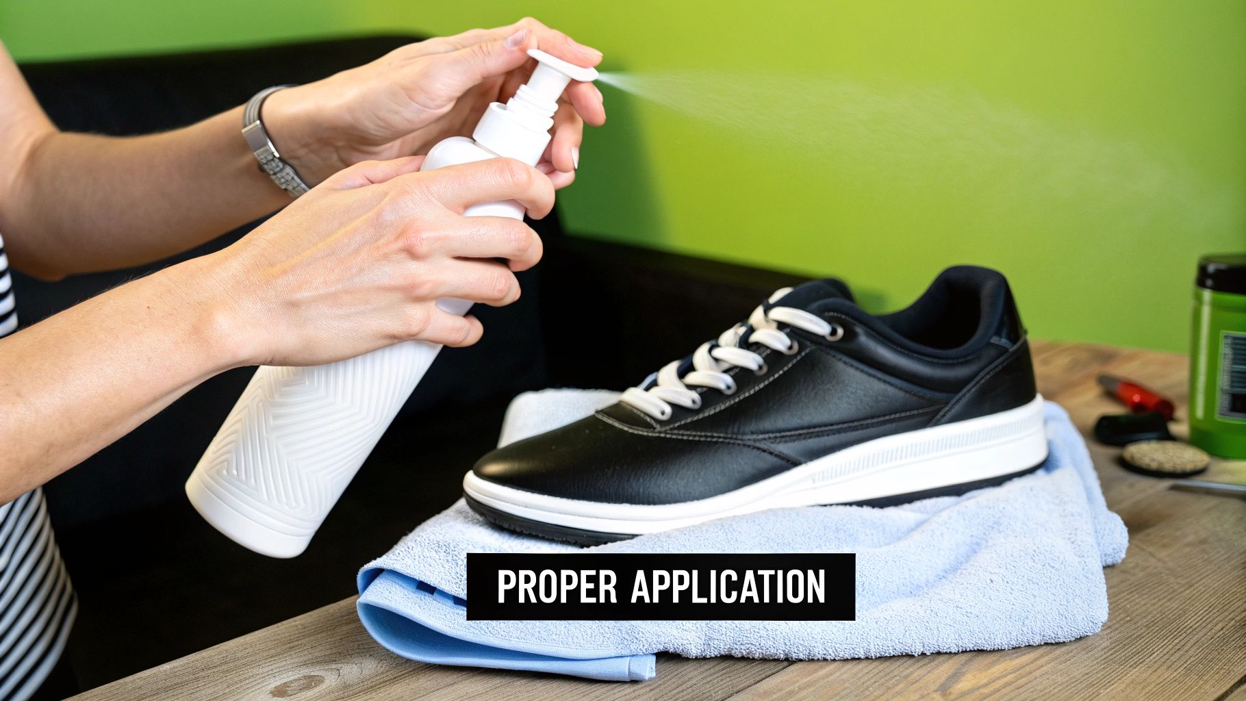 Person's hands spraying shoe freshener onto a black shoe resting on a blue towel.