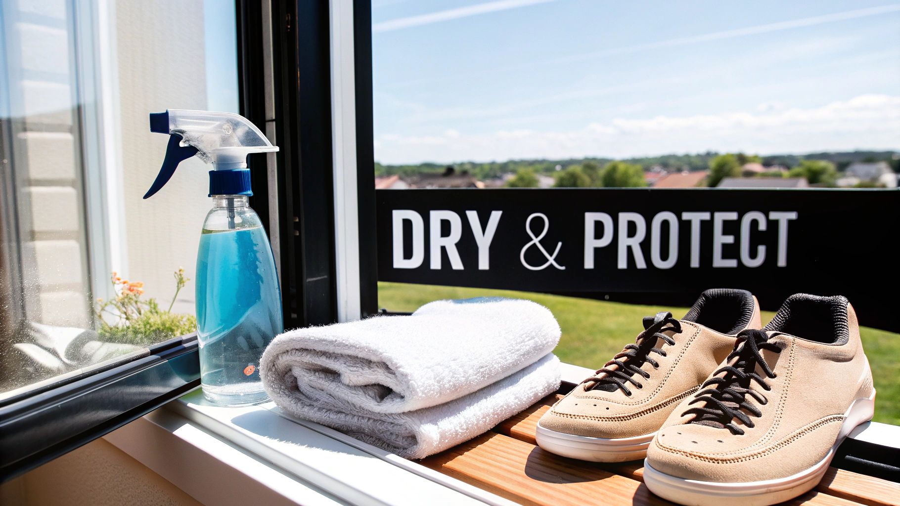 A spray bottle, folded white towel, and tan sneakers on a sunny balcony ledge with a 'DRY & PROTECT' sign.