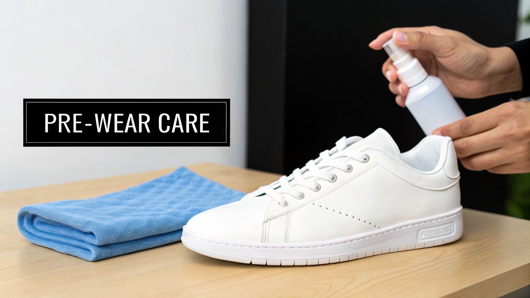 A person sprays a white sneaker with a protective spray as part of pre-wear care.