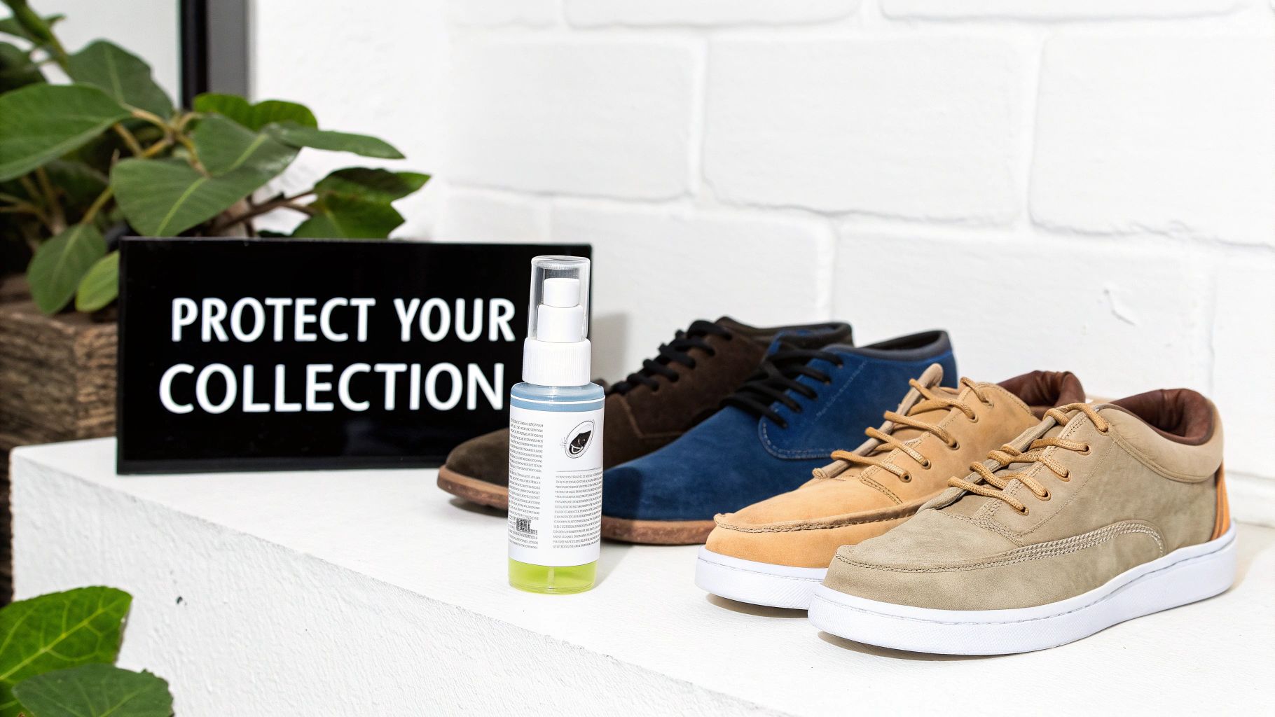 A protective spray bottle displayed next to several pairs of stylish casual shoes.